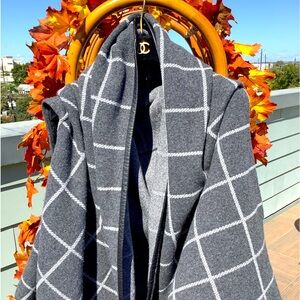 St John Wool Cape Wrap leather trim detail Gray with White Stripe Sweater Wrap